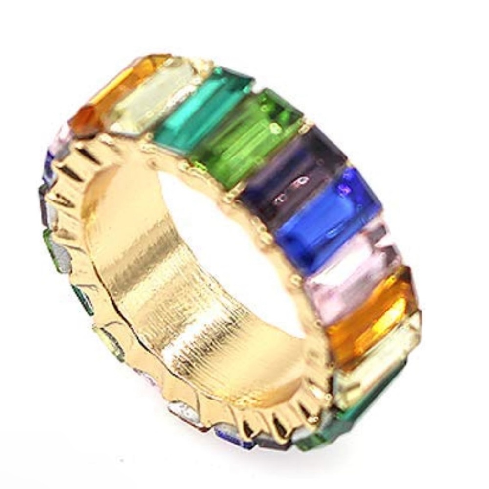 Rainbow Crystal Baguette Band Ring Cubic Zirconia Gold Plated - 9